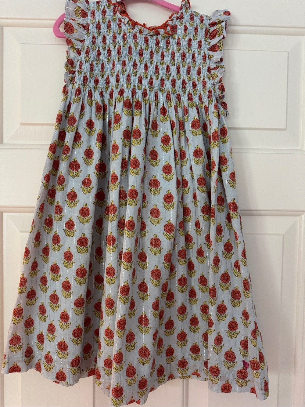 Pink Chicken Light Blue Floral Smocked Dress with Red and Yellow Accents
